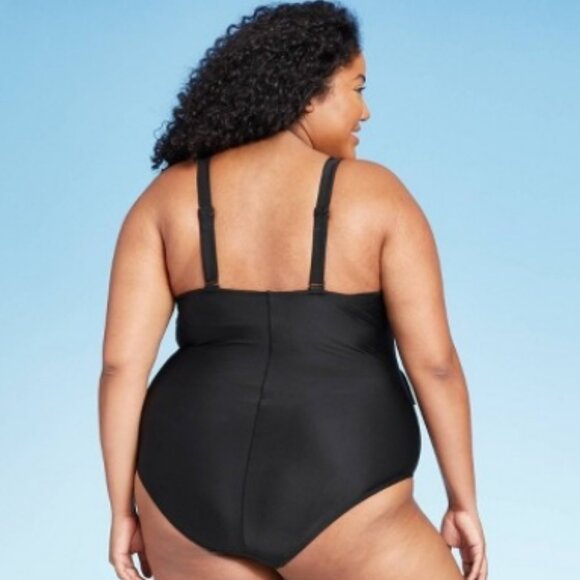 KONA SOL BLACK ASYMMETRICAL SHOULDER RUFFLE HIGH COVERAGE ONE PIECE SIZE 22 W - Picture 2 of 12